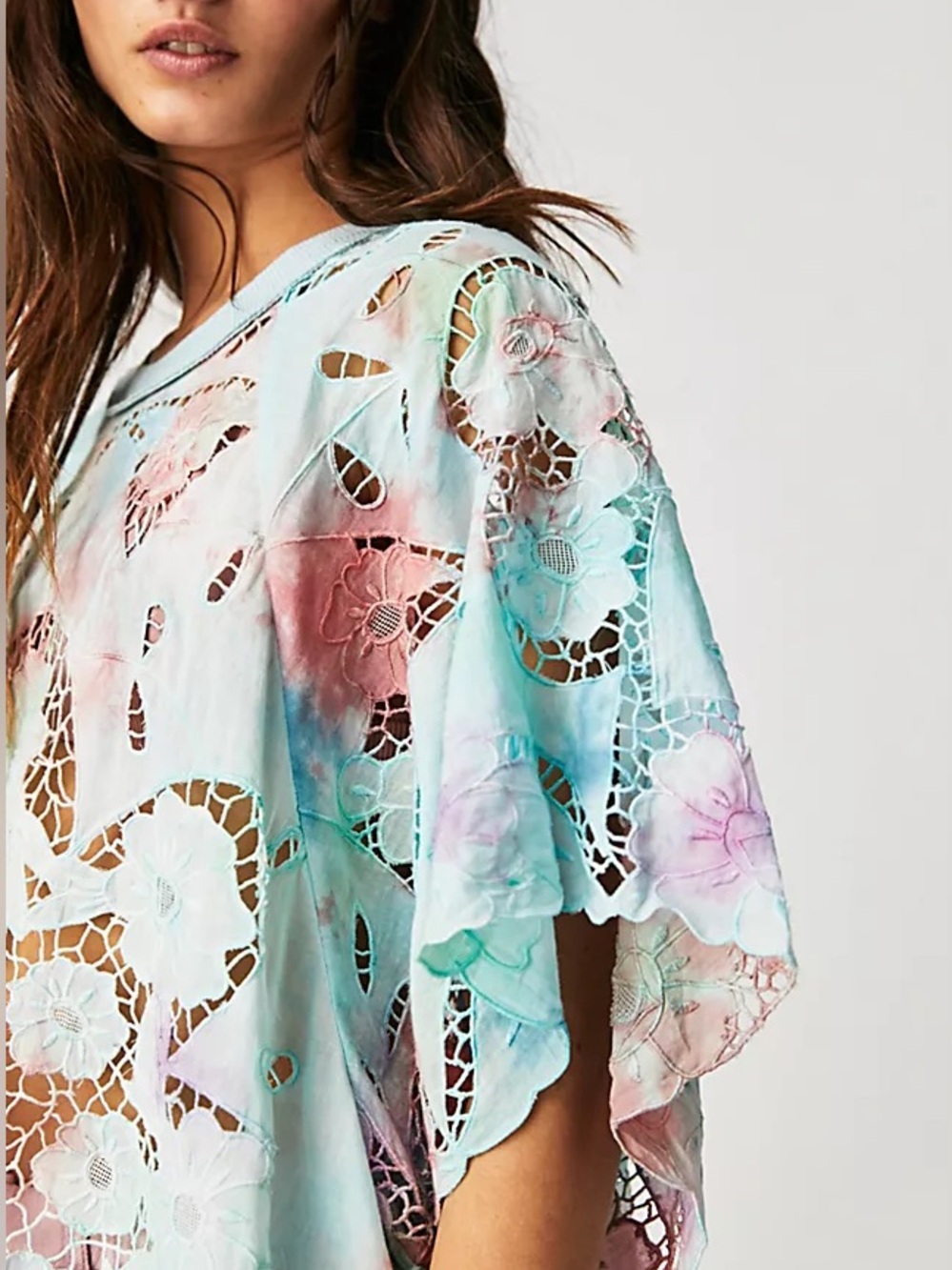 FREE PEOPLE SUNRISE EMBROIDERED TIE DYE LACE TEE